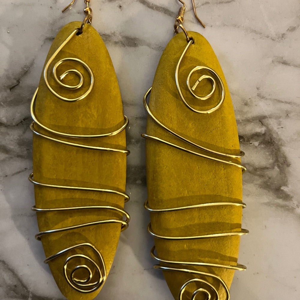 Yellow wood earrings, wrapped in gold wire